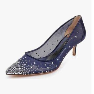 XYD Dark Blue Kitten Heels Pumps Rhinestones Mesh Pointed Toe Evening Shoes